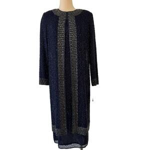 Laurence Kazar Vintage Fully Beaded Silk Dress Gown Embellished Cape Navy 8 NWT